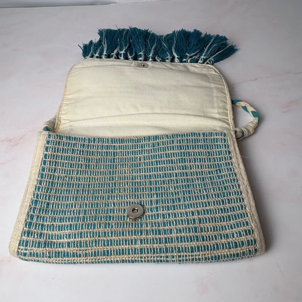 America & Beyond Teal Woven Tassel Crossbody Bag‎ Studded Pom Pom Handcrafted